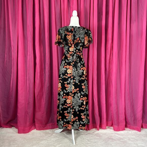 Vintage 70s Unbranded flutter collar black orange floral print maxi dress, small - Picture 2 of 9